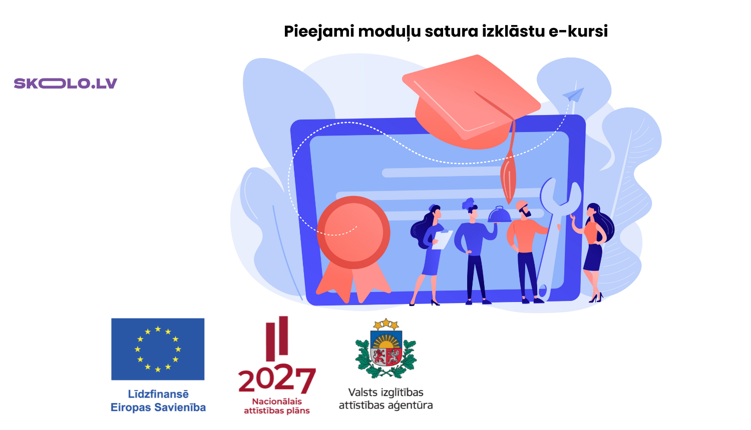 Pieejami profesionālās izglītības moduļu satura izklāstu e-kursi, logo: līdzfinansē ES, Naacionālais attīstības plāns, Valsts izglītības attīstības aģentūra, skolo.lv